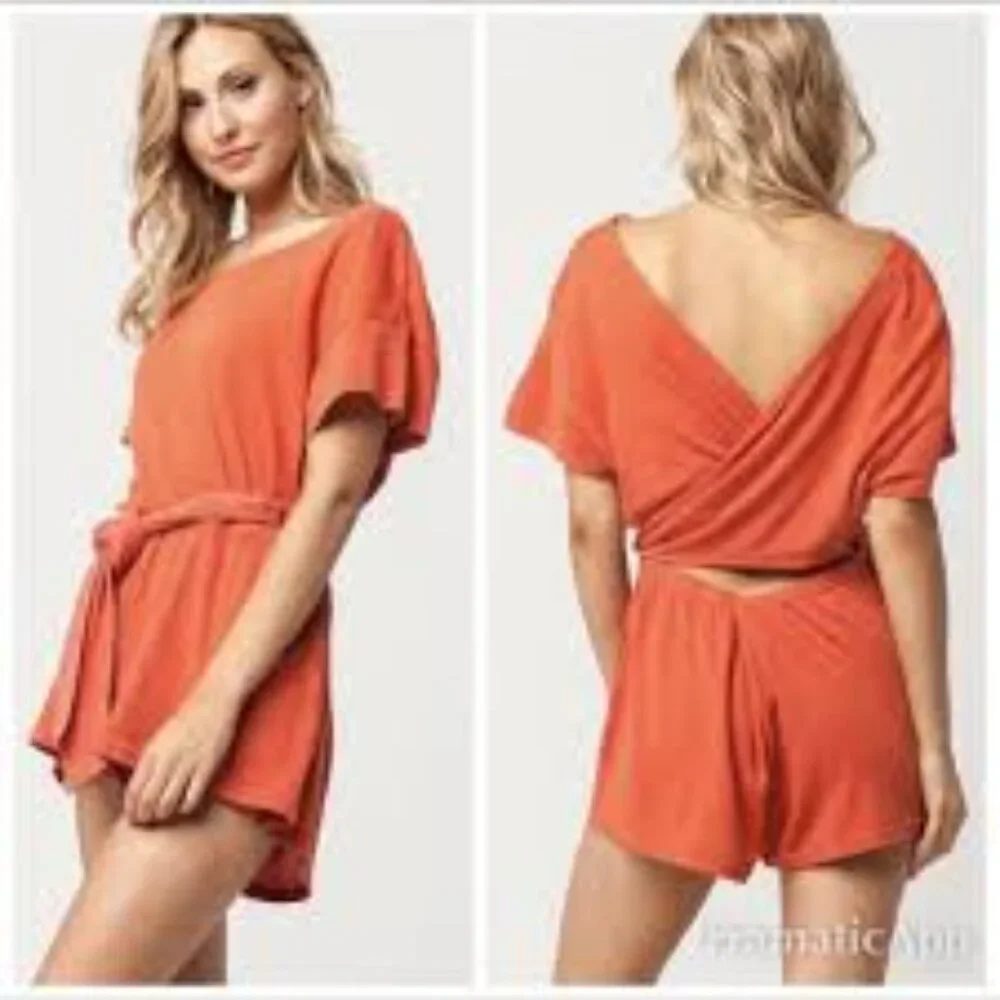 Free People Easy Street Orange Wrapped Waist Romper Jumpsuit M Plunge - Picture 1 of 2